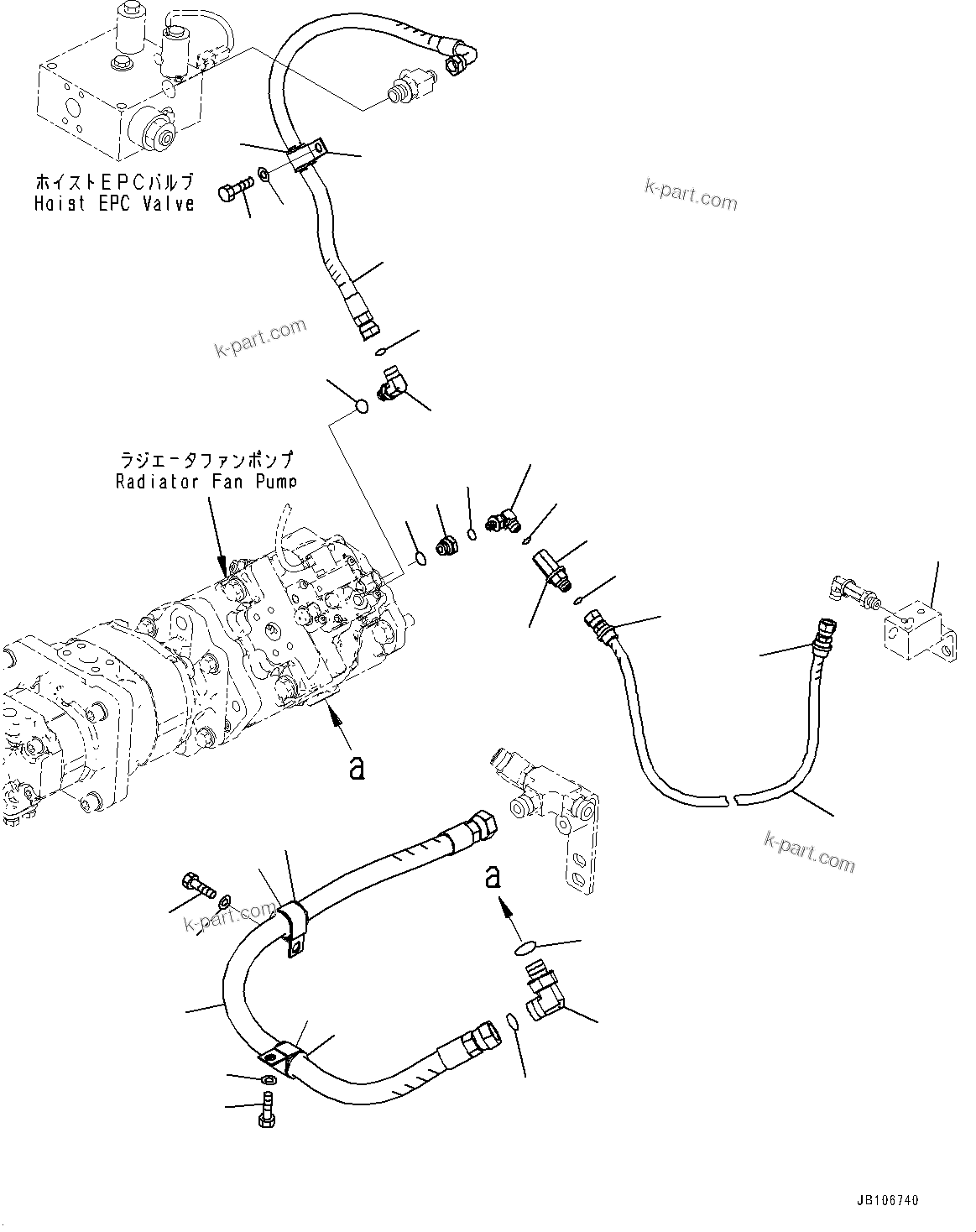Komatsu parts book diagram for HD605-10 S/N 60001-UP: TORQUE CONVERTER AND TRANSMISSION, RADIATOR FAN PUMP PIPING (2/2)(#60003-)