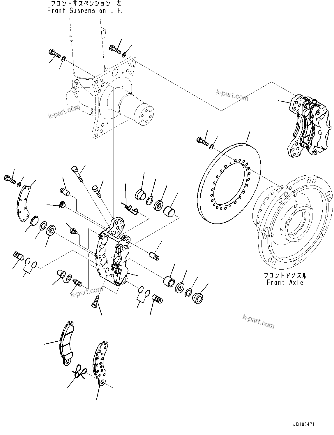 Komatsu parts book diagram for HD605-10 S/N 60001-UP: FRONT AXLE, FRONT BRAKE L.H.(#60001-)