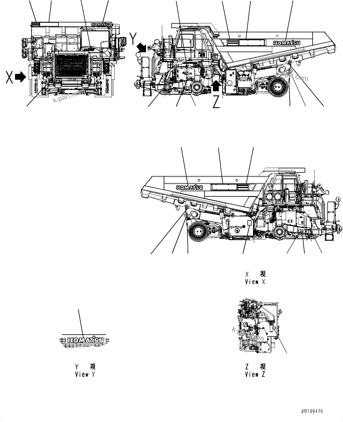 Komatsu parts book diagram for HD605-10 S/N 60001-UP: MARKS AND NAME PLATES, MARK AND PLATE (1/3) (WITH FRENCH, FOR QUEBEC CANADA, 40M3, BODY HEATING LESS)(#60001-60002)