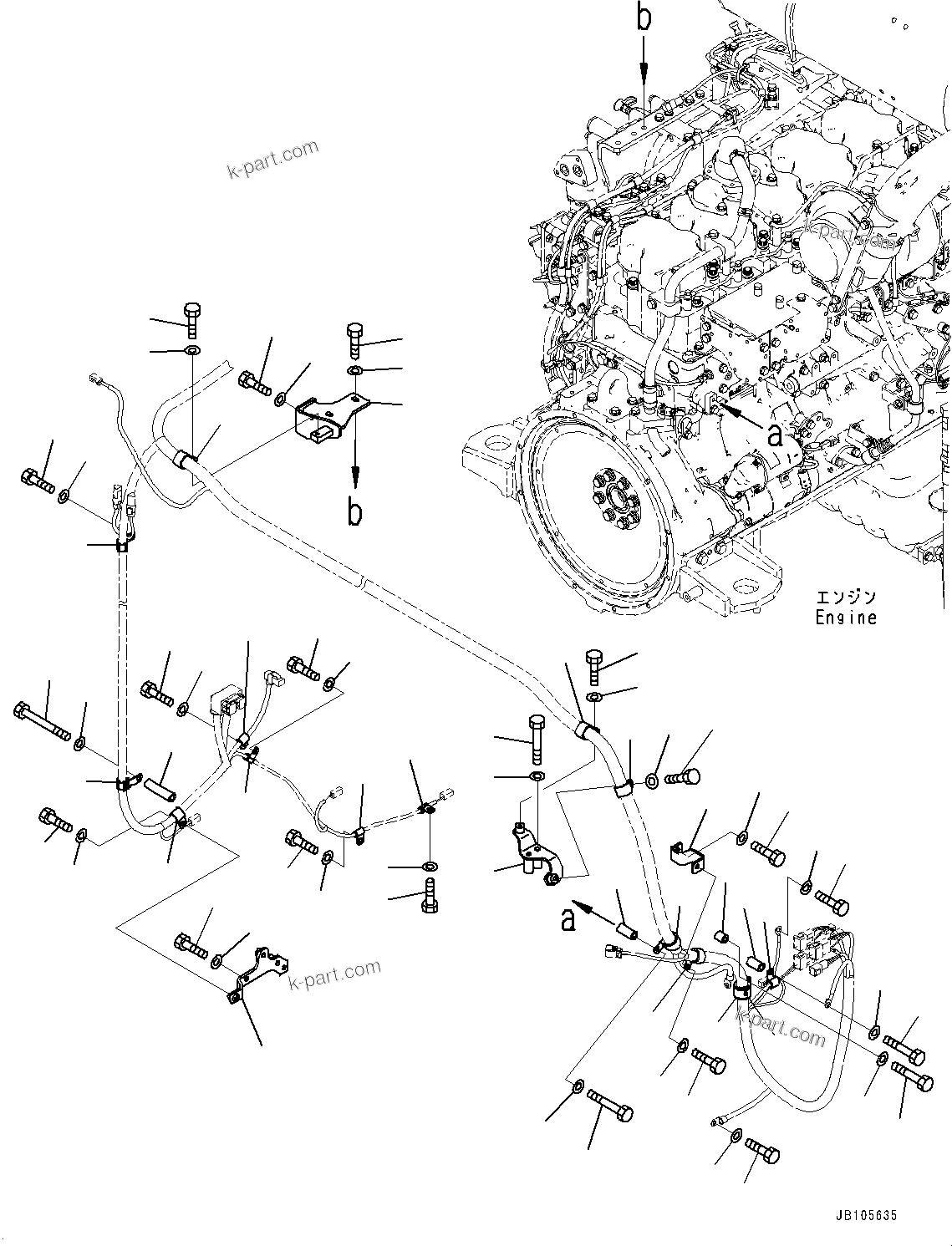 Komatsu parts book diagram for GD955-7M0 S/N 31001-UP: ENGINE, WIRING HARNESS MOUNTING (1/2)(#30001-)