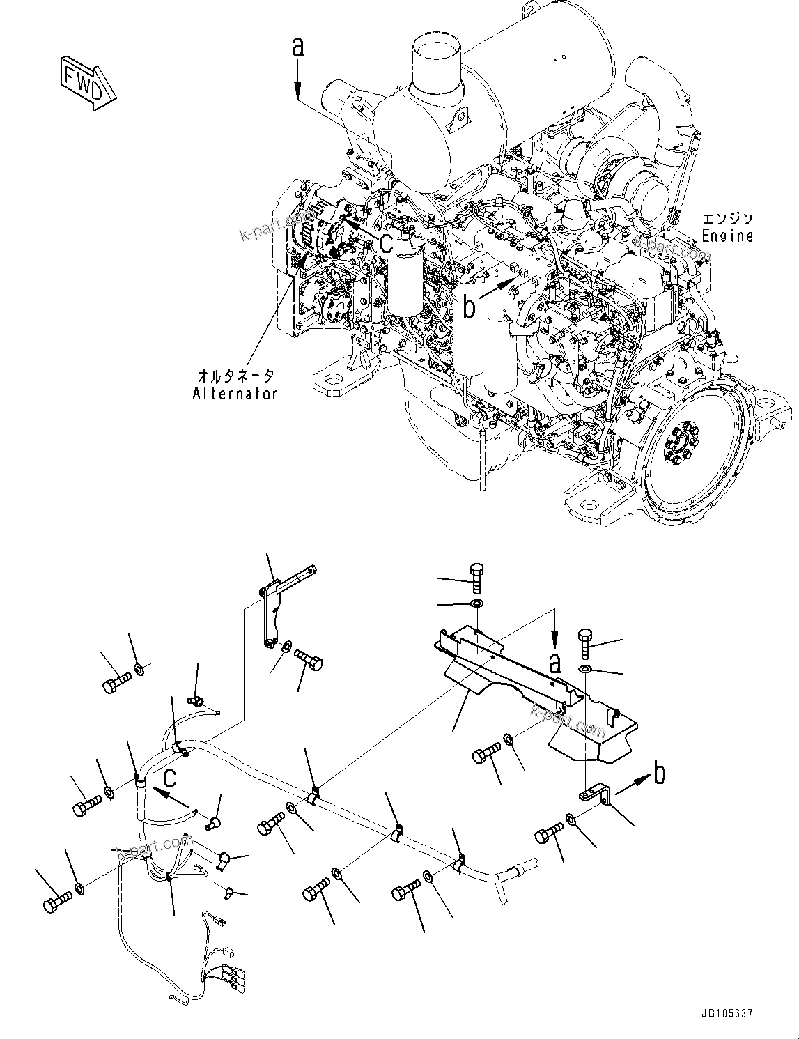 Komatsu parts book diagram for GD955-7M0 S/N 31001-UP: ENGINE, WIRING HARNESS MOUNTING (2/2)(#30001-)