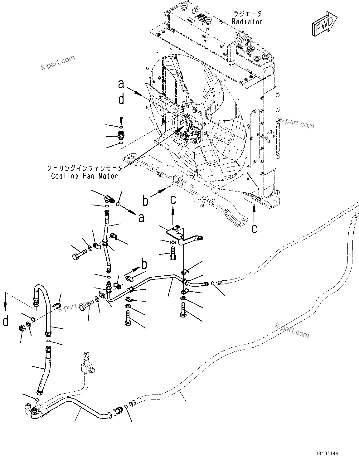 Komatsu parts book diagram for GD955-7M0 S/N 31001-UP: RADIATOR, FAN MOTOR PIPING (1/2)(#30001-)