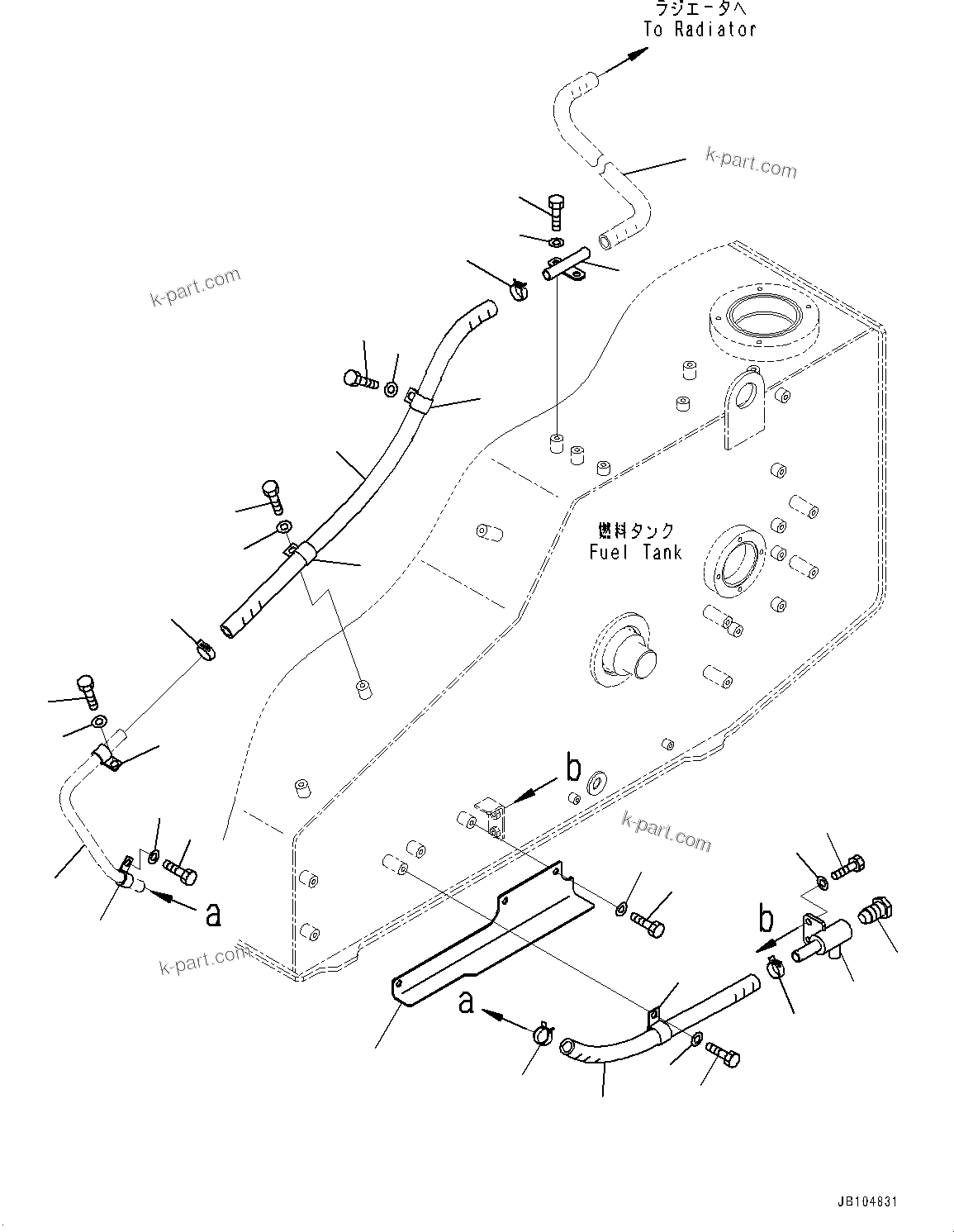 Komatsu parts book diagram for GD955-7M0 S/N 31001-UP: FUEL TANK, COOLANT DRAIN PIPING(#30001-)