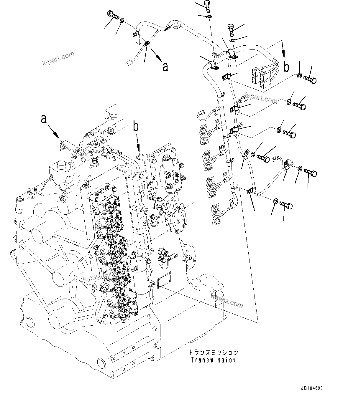 Komatsu parts book diagram for GD955-7M0 S/N 31001-UP: TORQUE CONVERTER AND TRANSMISSION, CLIP (1/2)(#30001-)