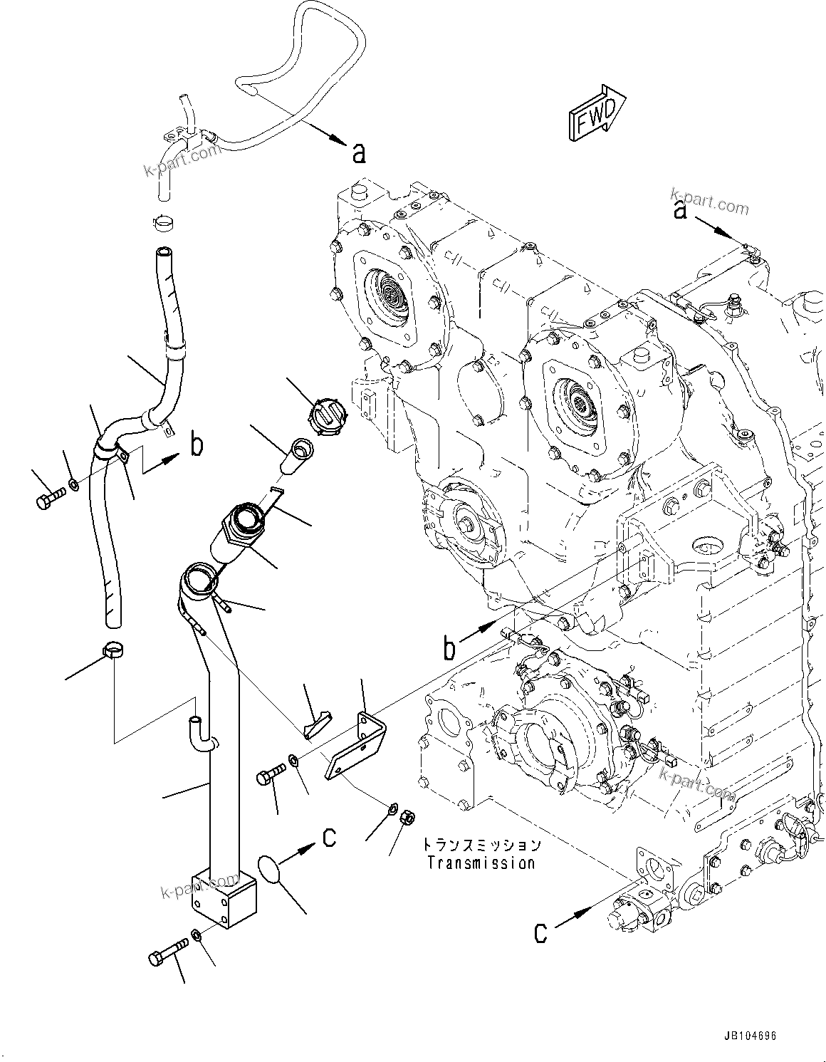 Komatsu parts book diagram for GD955-7M0 S/N 31001-UP: TORQUE CONVERTER AND TRANSMISSION, TRANSMISSION OIL INLET PIPING(#30001-)