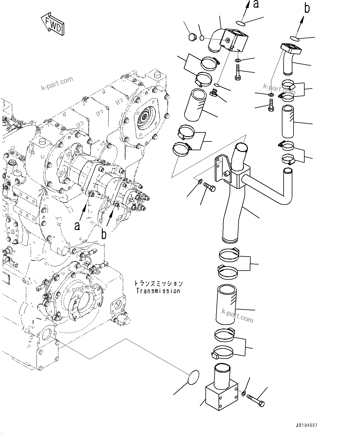Komatsu parts book diagram for GD955-7M0 S/N 31001-UP: TORQUE CONVERTER AND TRANSMISSION, SUCTION PIPING (1/2)(#30001-)