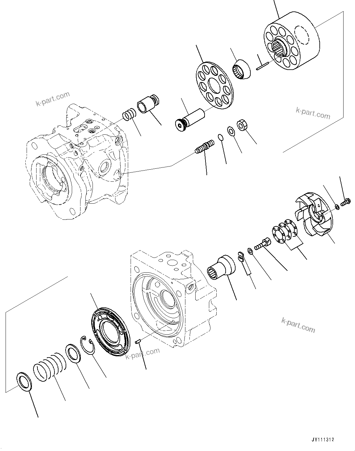 Komatsu parts book diagram for GD955-7M0 S/N 31001-UP: TORQUE CONVERTER AND TRANSMISSION, PISTON PUMP (2/14) (WORK EQUIPMENT PUMP)(#30001-)