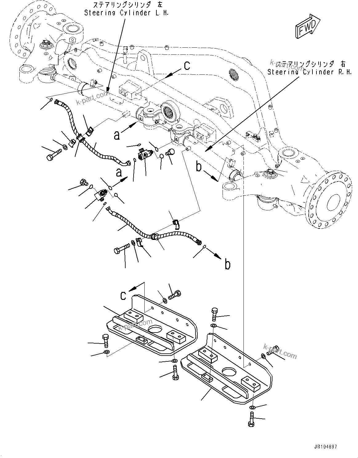 Komatsu parts book diagram for GD955-7M0 S/N 31001-UP: FRONT AXLE, STEERING PIPING(#30001-)