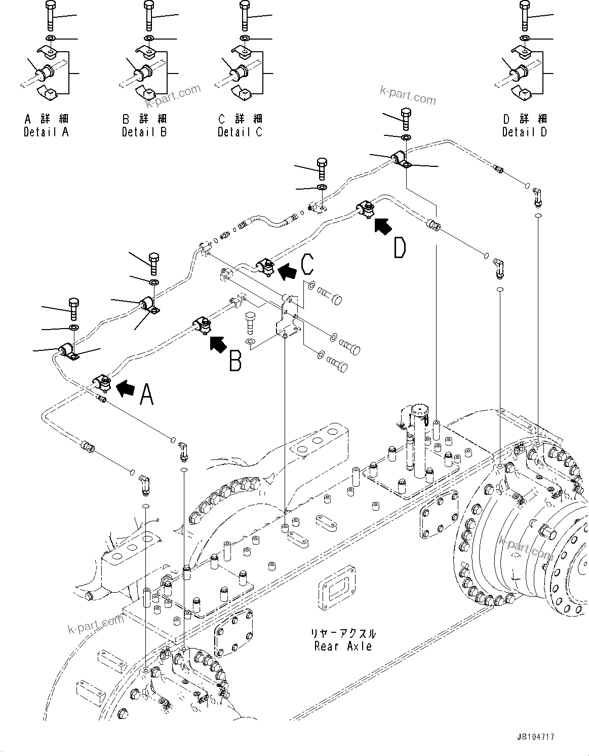 Komatsu parts book diagram for GD955-7M0 S/N 31001-UP: REAR AXLE, BRAKE PIPING MOUNTING (1/2)(#30001-)