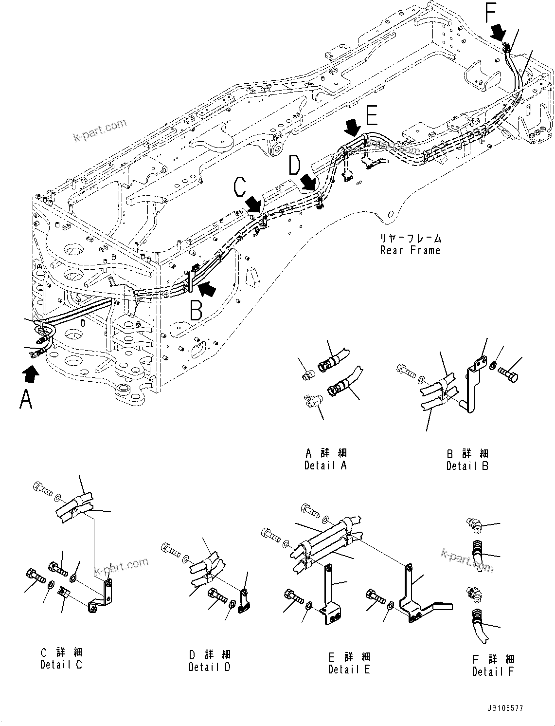 Komatsu parts book diagram for GD955-7M0 S/N 31001-UP: HYDRAULIC PIPING, RIPPER PIPING (1/2)(#30001-)