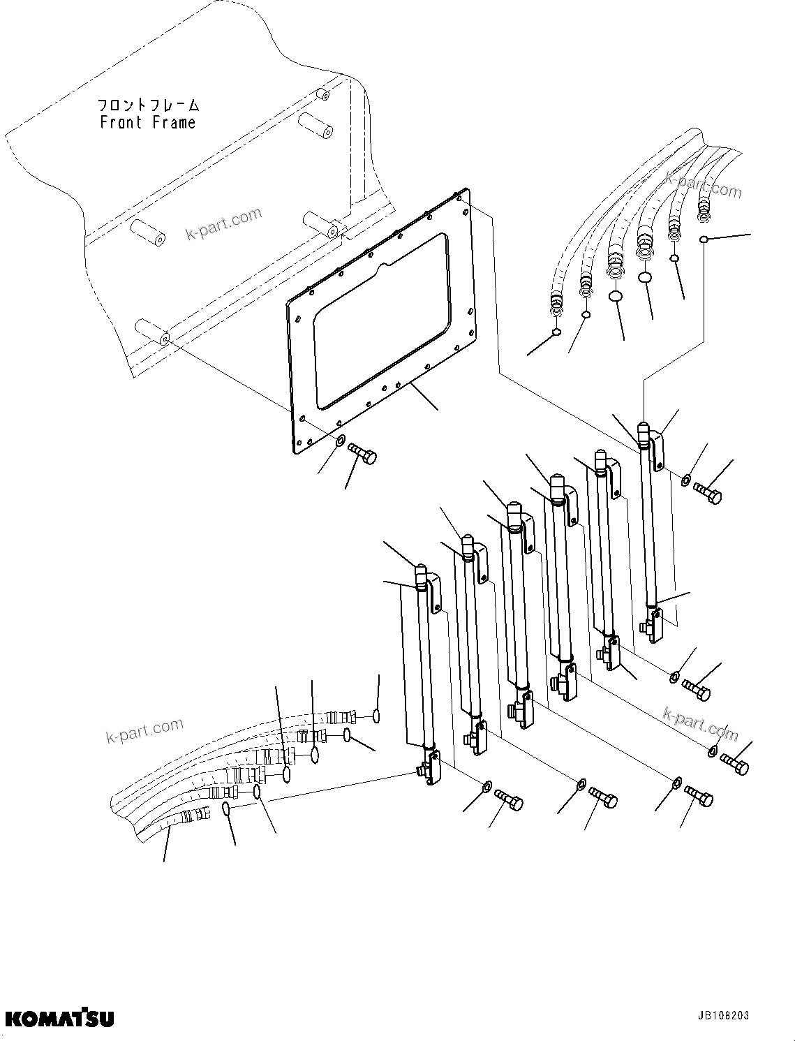Komatsu parts book diagram for GD955-7M0 S/N 31001-UP: FRONT HYDRAULIC PIPING, WORK EQUIPMENT PIPING(#30001-)