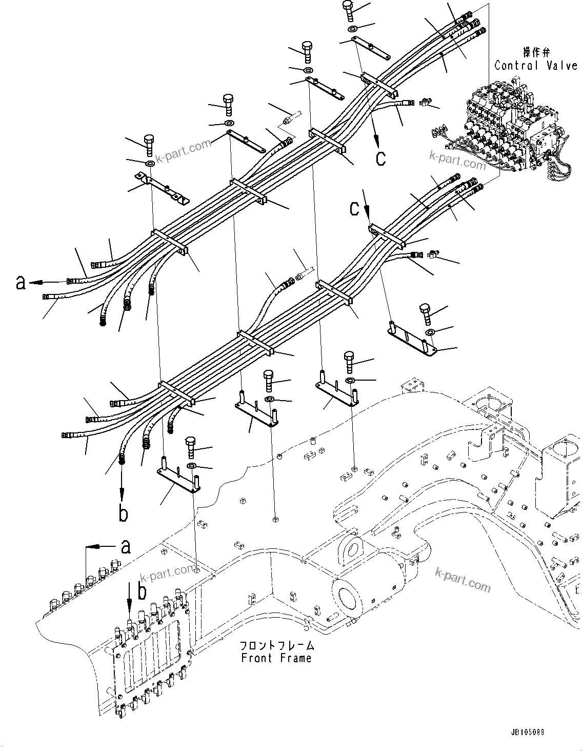 Komatsu parts book diagram for GD955-7M0 S/N 31001-UP: FRONT HYDRAULIC PIPING, CONTROL VALVE PIPING(#30001-)