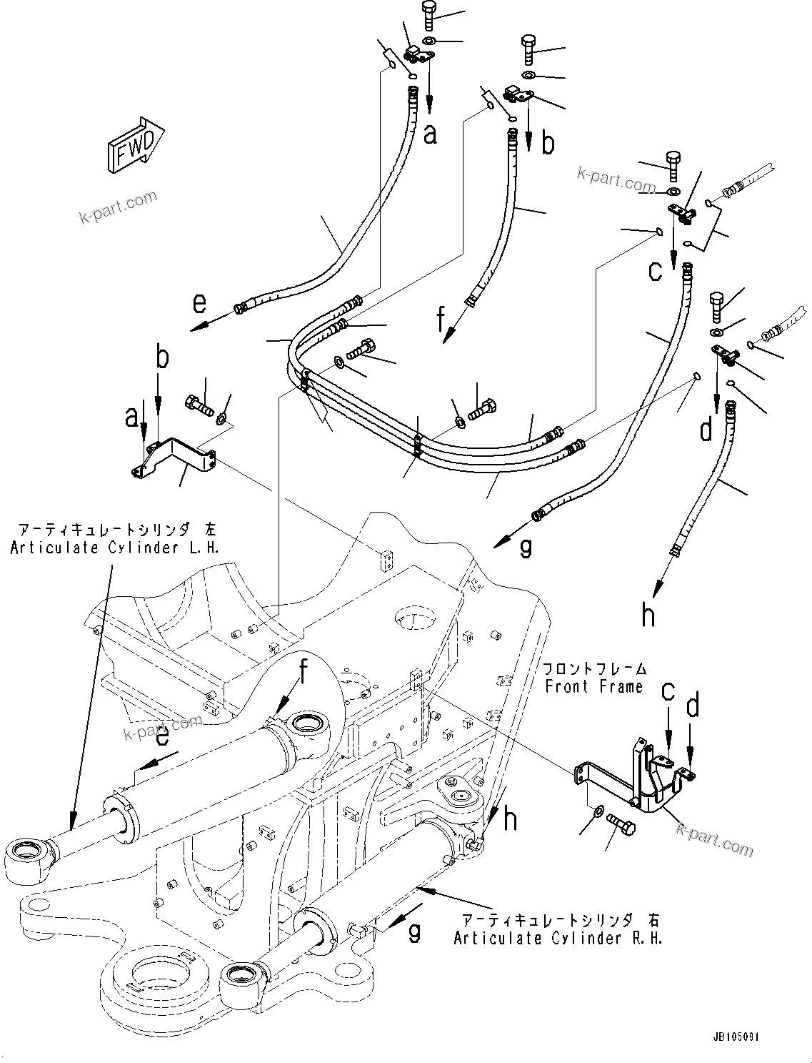 Komatsu parts book diagram for GD955-7M0 S/N 31001-UP: FRONT HYDRAULIC PIPING, ARTICULATE CYLINDER PIPING(#30001-)