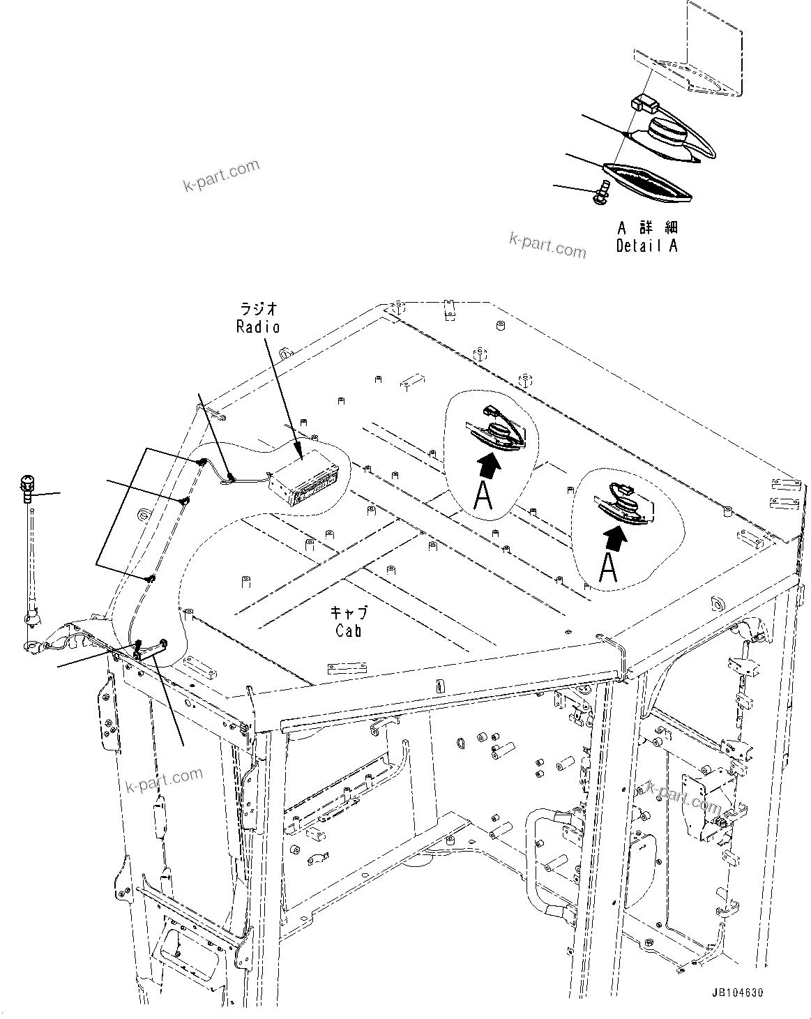Komatsu parts book diagram for GD955-7M0 S/N 31001-UP: ROPS CAB, ANTENNA MOUNTING(#30001-)