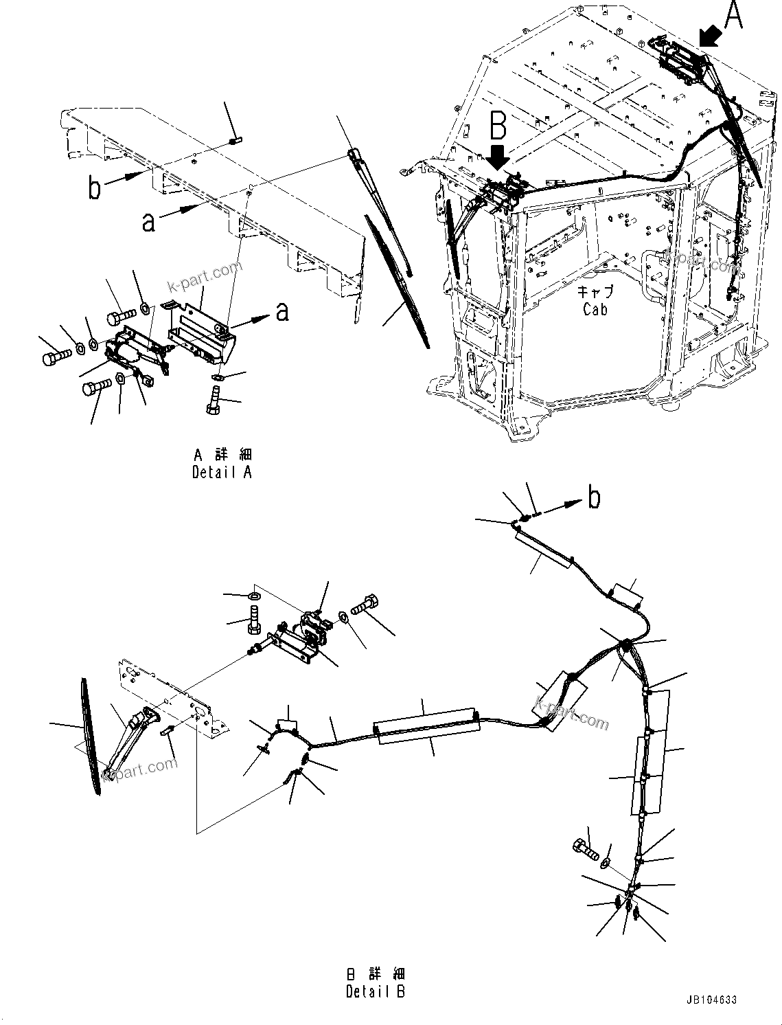 Komatsu parts book diagram for GD955-7M0 S/N 31001-UP: ROPS CAB, FRONT AND REAR WIPER(#30001-)