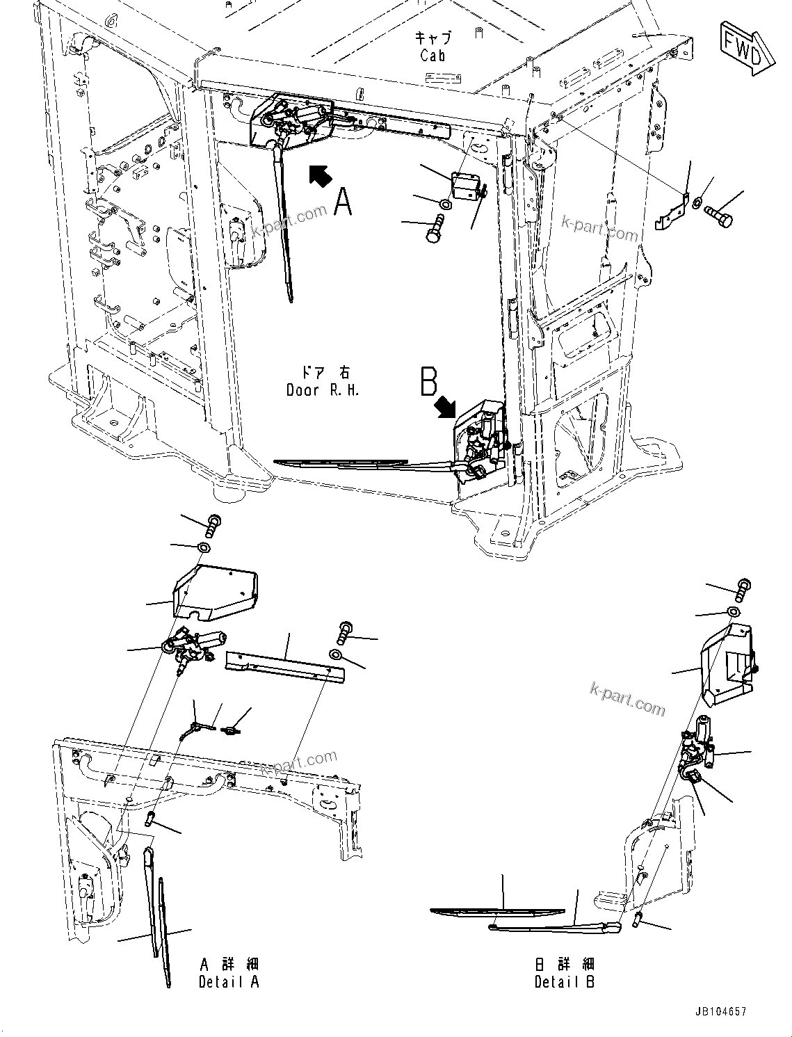 Komatsu parts book diagram for GD955-7M0 S/N 31001-UP: ROPS CAB, DOOR WIPER, R.H.(#30001-)
