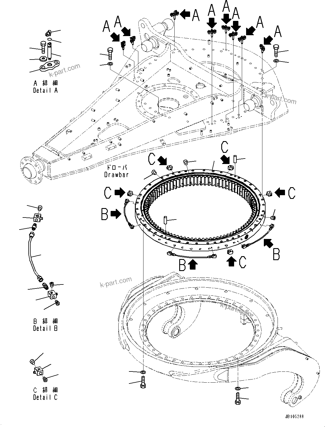 Komatsu parts book diagram for GD955-7M0 S/N 31001-UP: CIRCLE DRAWBAR, SWING CIRCLE(#30001-)