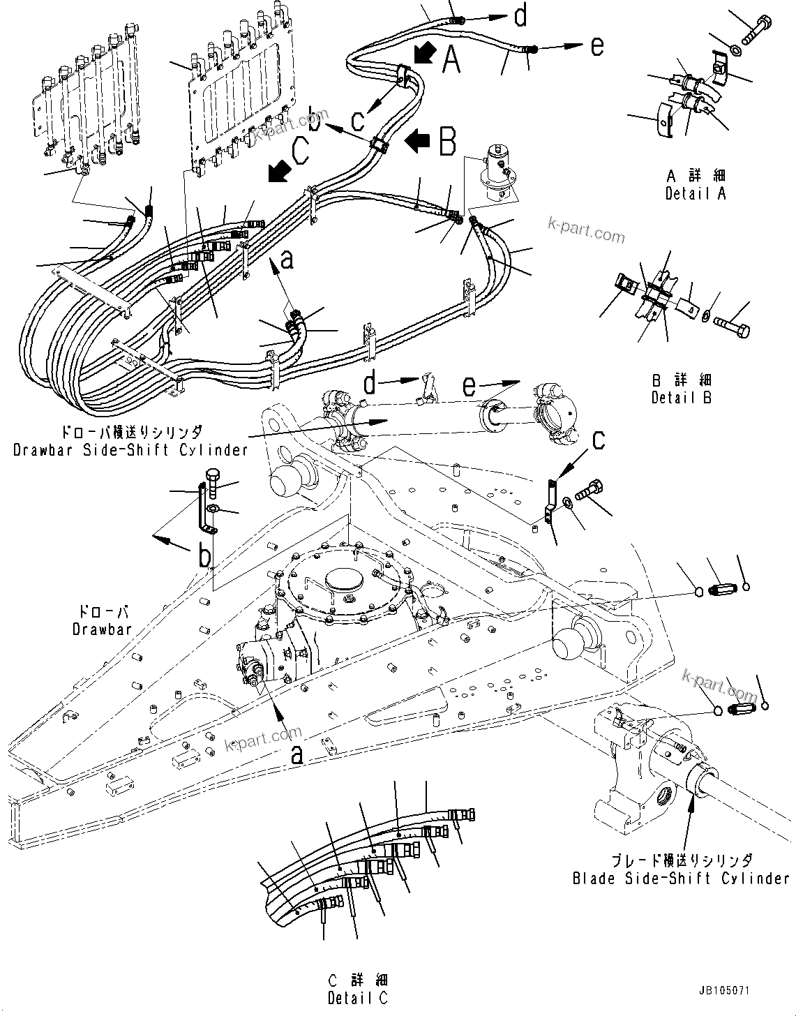 Komatsu parts book diagram for GD955-7M0 S/N 31001-UP: CIRCLE DRAWBAR, DRAWBAR PIPING(#30001-)