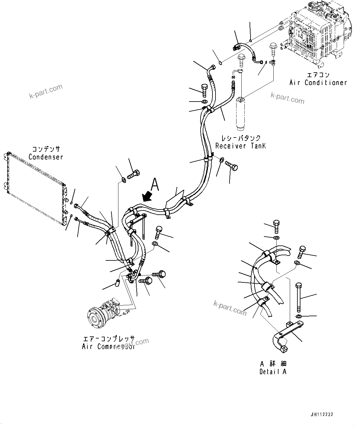 Komatsu parts book diagram for D275A-6 S/N 190001-UP (Mongolia Standard Machine): AIR CONDITIONER COMPRESSOR MOUNTING AND PIPING, HOSE(#180001-)