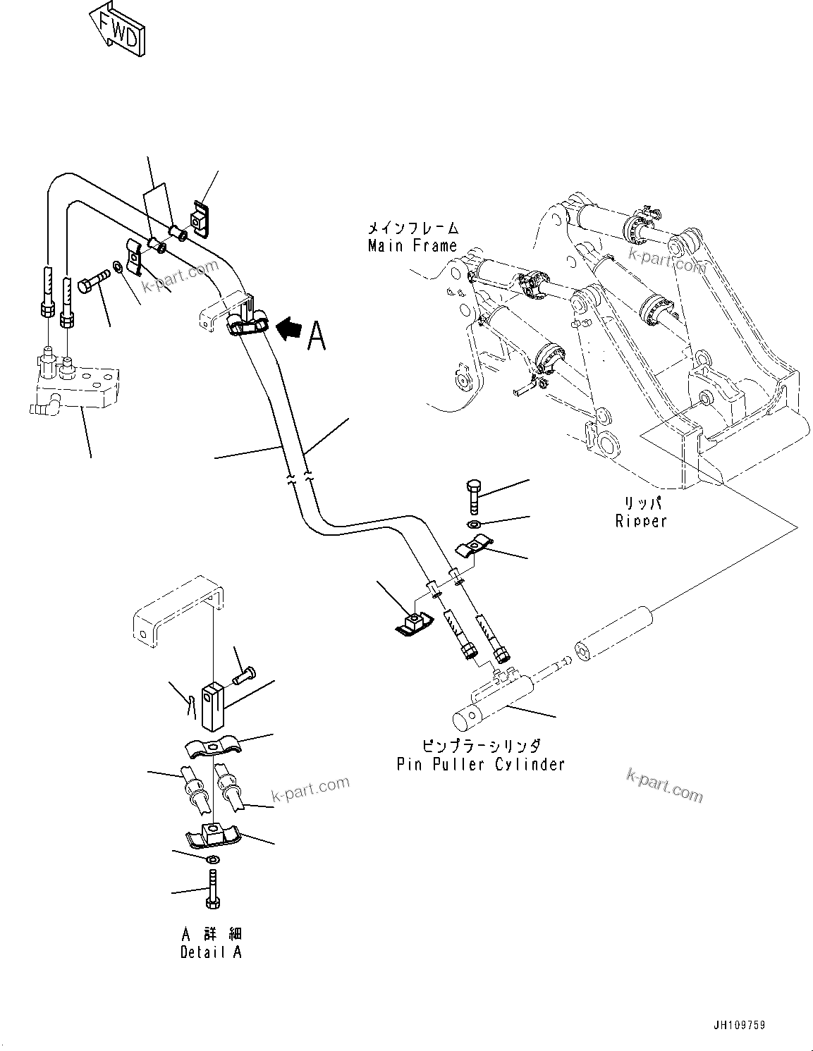 Komatsu parts book diagram for D275A-6 S/N 190001-UP (Mongolia Standard Machine): RIPPER, PIN PULLER CYLINDER PIPING(#180001-)