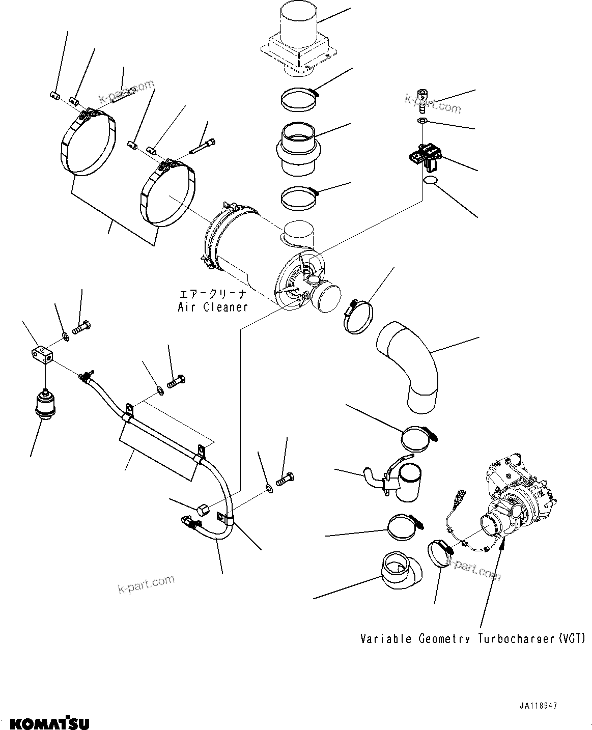 Komatsu parts book diagram for WA200-8 S/N 91001-UP: ENGINE WIRING HARNESS, AIR CLEANER PIPING (WITH COOLANT FILTER)(#85001-)