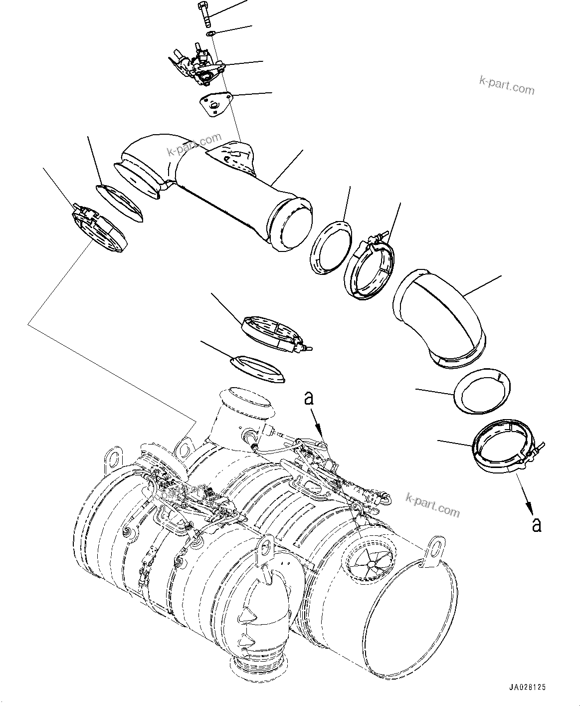 Komatsu parts book diagram for WA200-8 S/N 91001-UP: EXHAUST PIPE, DEF MIXING TUBE (1/2)(#85001-87413)