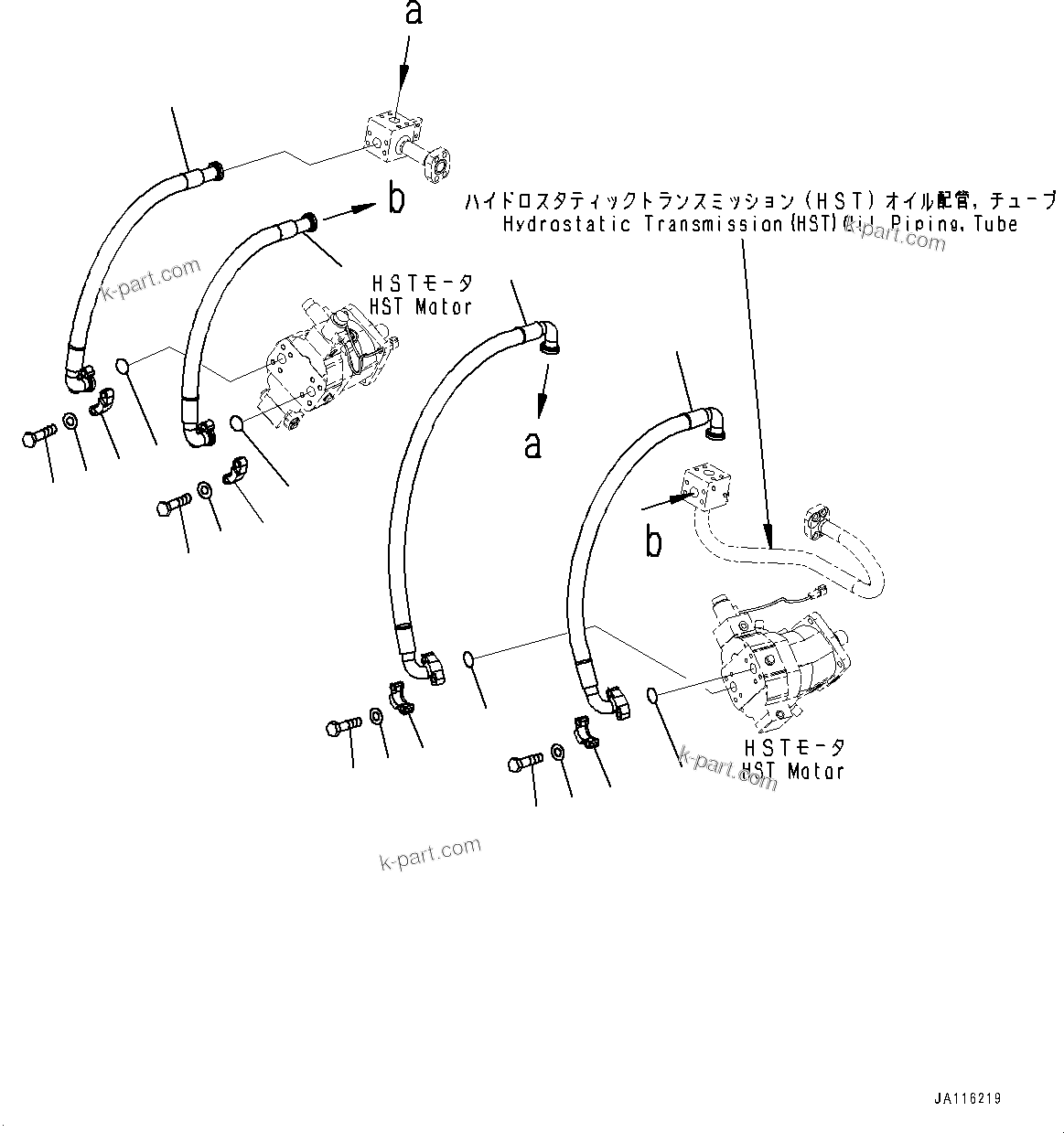 Komatsu parts book diagram for WA200-8 S/N 91001-UP: TRANSFER, HST MOTOR PIPING (WITH SECONDARY STEERING, AUTOMATIC CONTROL TYPE)(#85001-)