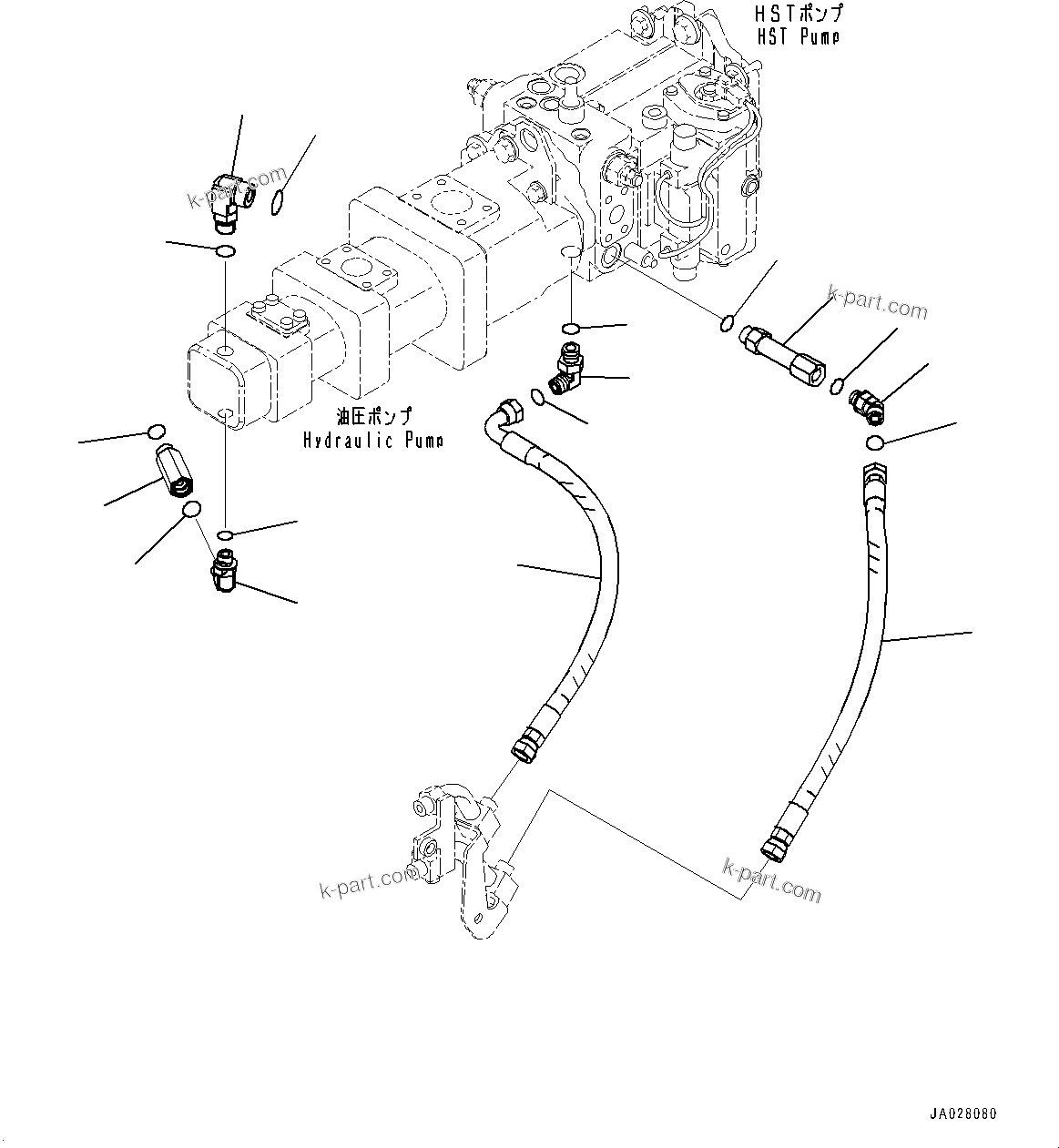 Komatsu parts book diagram for WA200-8 S/N 91001-UP: HYDROSTATIC TRANSMISSION (HST) OIL PIPING, FILTER PIPING(#85001-)
