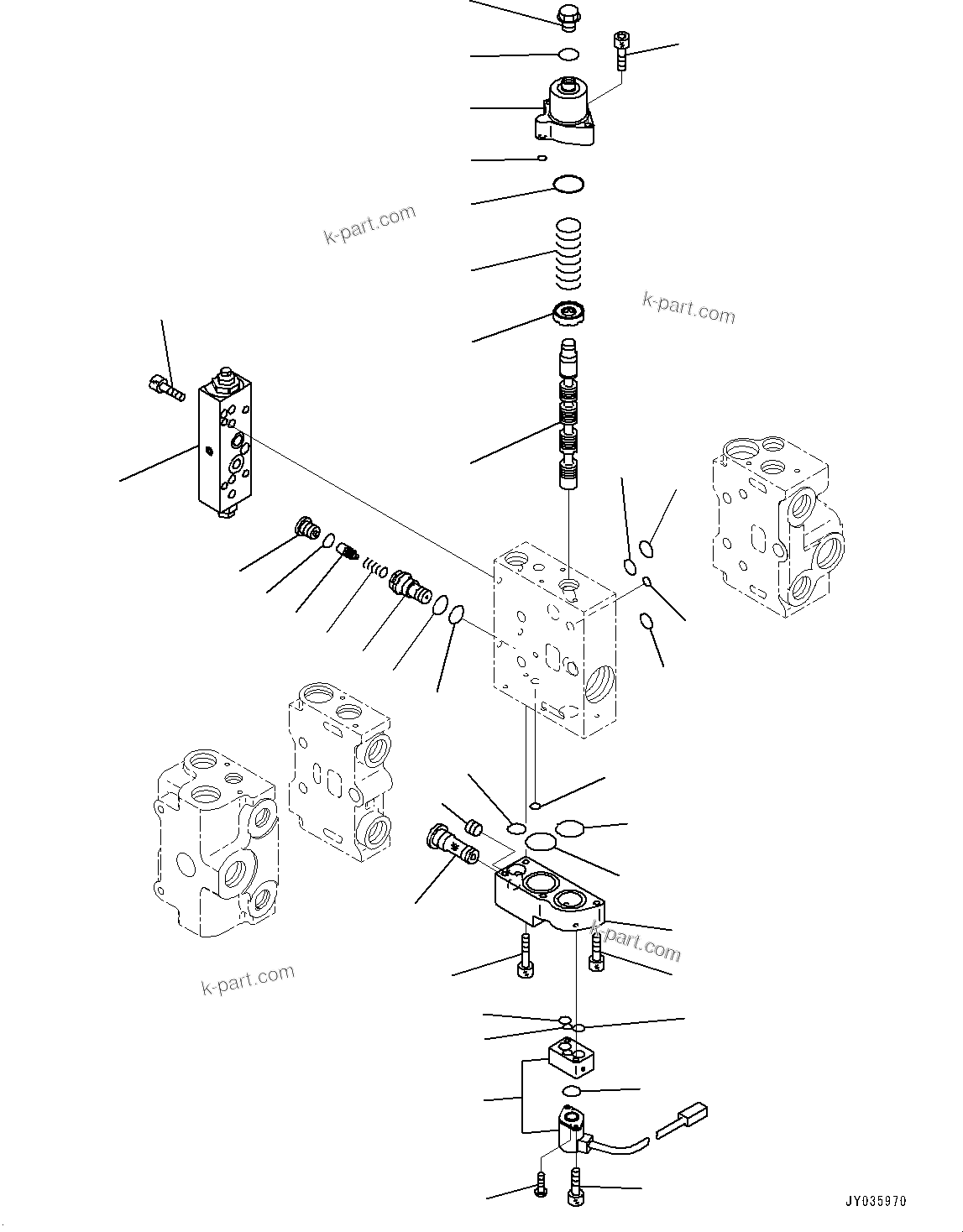 Komatsu parts book diagram for WA200-8 S/N 91001-UP: HYDRAULIC CONTROL VALVE, 4-VALVE (2/3)(#85001-)