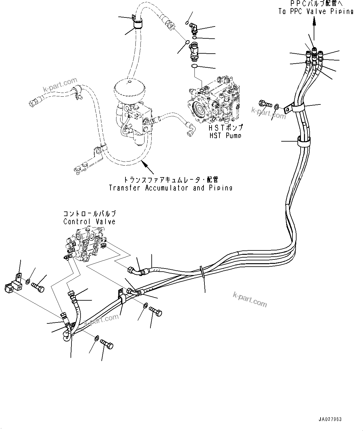 Komatsu parts book diagram for WA200-8 S/N 91001-UP: HYDRAULIC PIPING, WORK EQUIPMENT CONTROL PROPORTIONAL PRESSURE CONTROL (PPC) PIPING (WITH 3-SPOOL CONTROL VALVE)(#85001-)