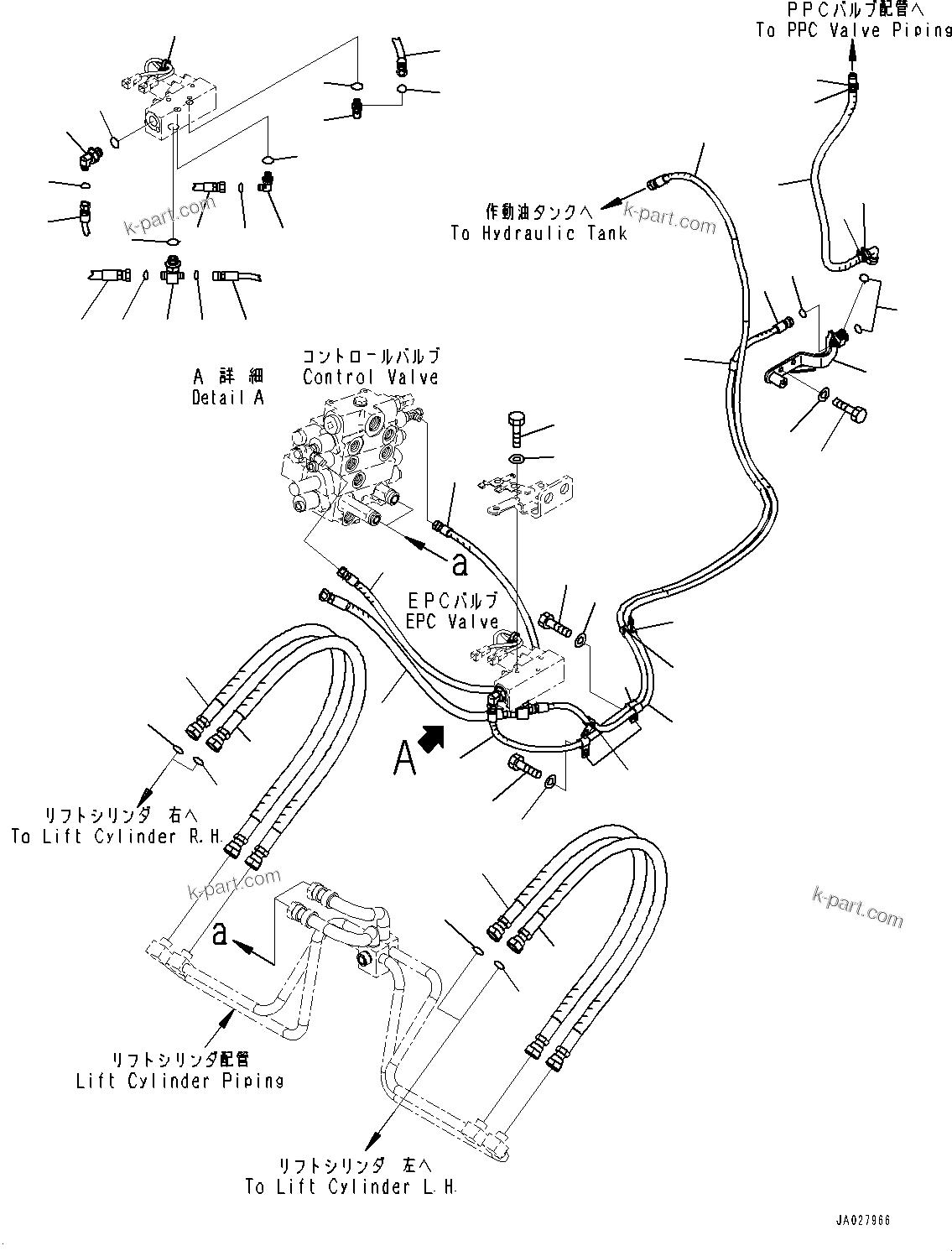 Komatsu parts book diagram for WA200-8 S/N 91001-UP: HYDRAULIC PIPING, EPC VALVE PIPING (WITH 3-SPOOL CONTROL VALVE, QUICK COUPLER)(#85001-)
