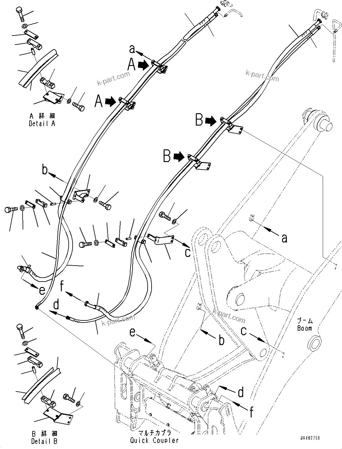 Komatsu parts book diagram for WA200-8 S/N 91001-UP: HYDRAULIC PIPING, QUICK COUPLER PIPING (WITH 3-SPOOL CONTROL VALVE, QUICK COUPLER, HIGH LIFT BOOM)(#85001-)