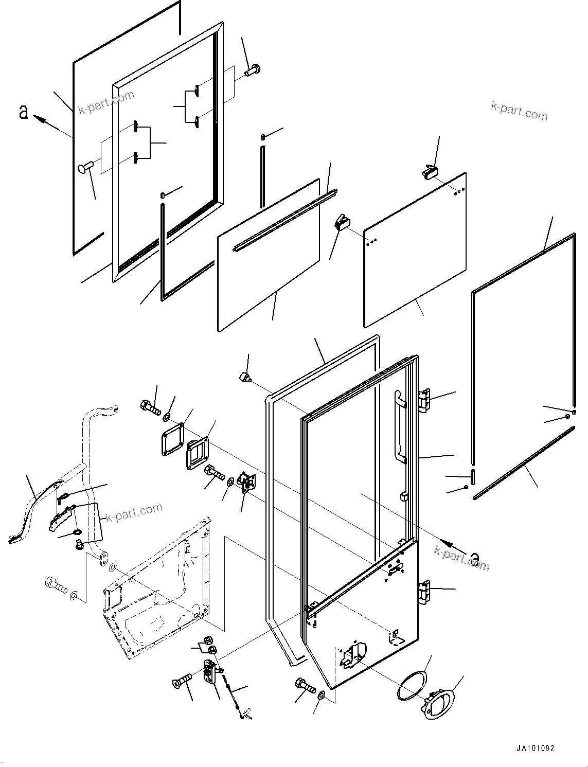 Komatsu parts book diagram for WA200-8 S/N 91001-UP: ROPS CAB AND FLOOR FRAME GROUP, DOOR, L.H. (1/2) (WITH FRONT WORKING LAMP, CAB TOP, LED)(#85001-)