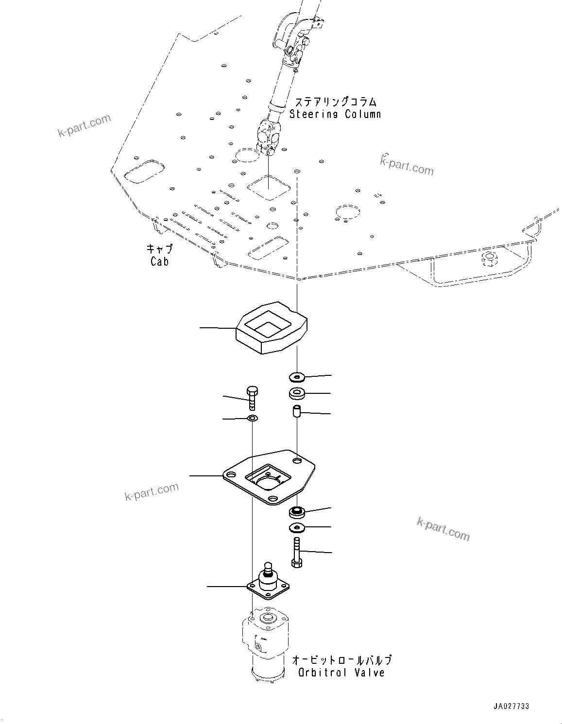 Komatsu parts book diagram for WA200-8 S/N 91001-UP: ROPS CAB AND FLOOR FRAME GROUP, ORBITROL VALVE MOUNTING(#85001-)