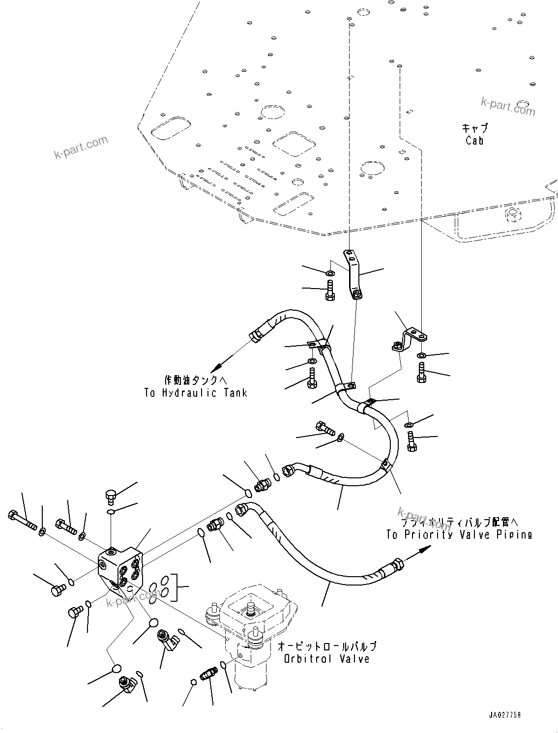 Komatsu parts book diagram for WA200-8 S/N 91001-UP: ROPS CAB AND FLOOR FRAME GROUP, STEERING DRAIN PIPING(#85001-)