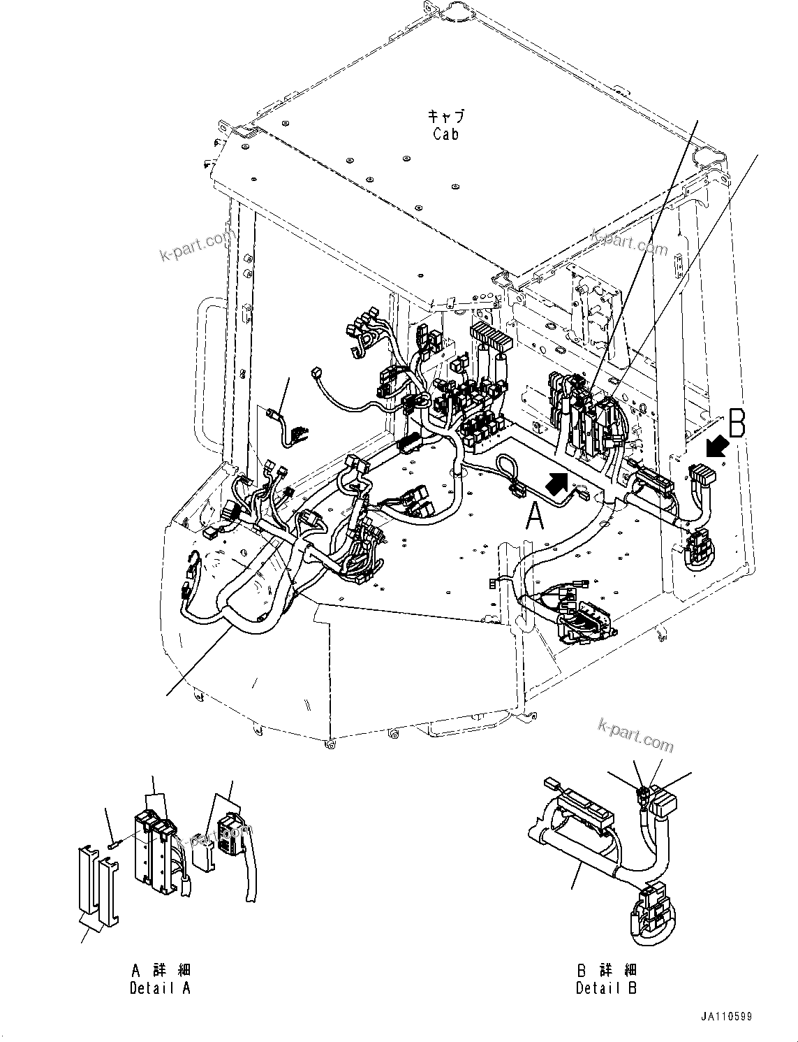 Komatsu parts book diagram for WA200-8 S/N 91001-UP: ROPS CAB AND FLOOR FRAME GROUP, FLOOR, WIRING HARNESS(#85001-)