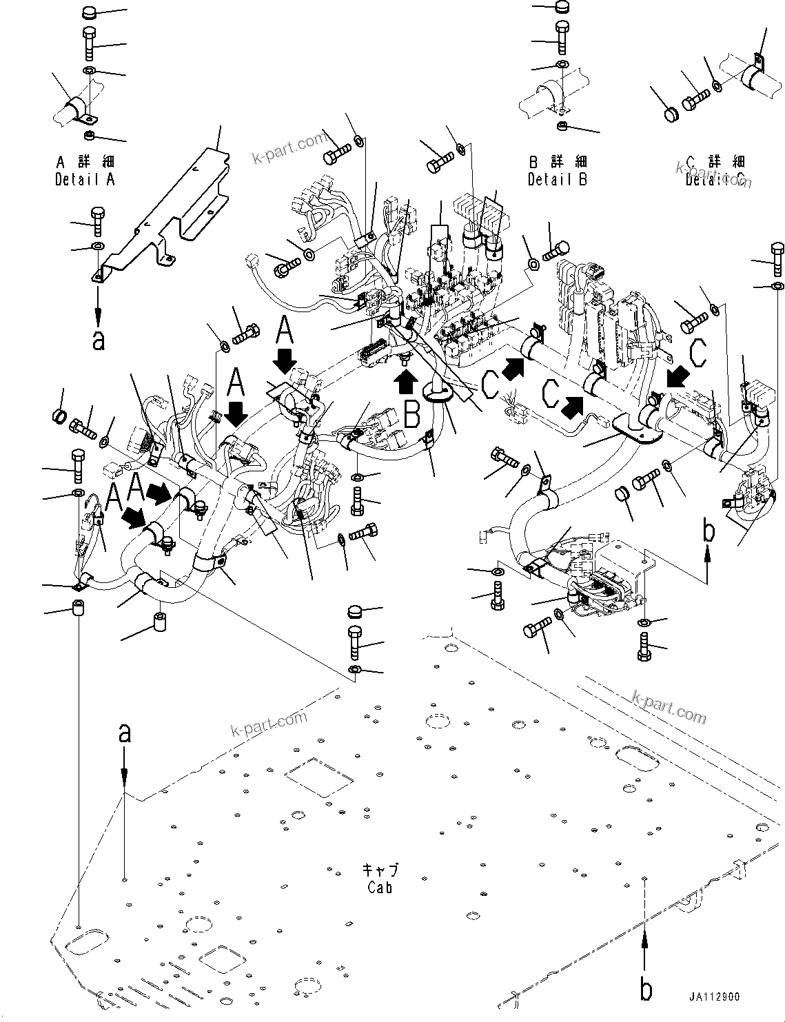 Komatsu parts book diagram for WA200-8 S/N 91001-UP: ROPS CAB AND FLOOR FRAME GROUP, FLOOR WIRING HARNESS MOUNTING (1/2) (WITH FRONT WORKING LAMP, CAB TOP, LED)(#85001-)
