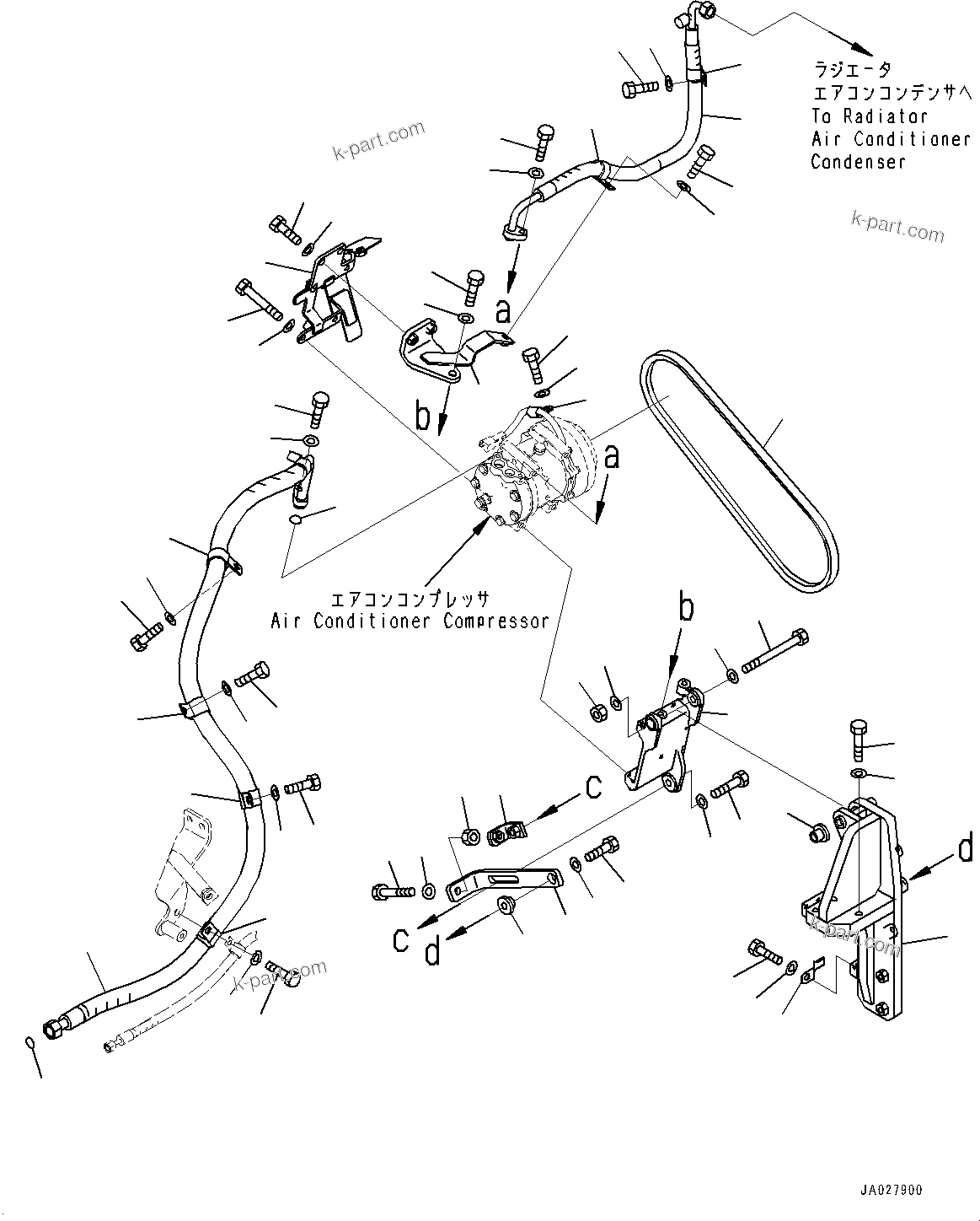 Komatsu parts book diagram for WA200-8 S/N 91001-UP: AIR CONDITIONER COMPRESSOR MOUNTING AND PIPING, AIR CONDITIONER COMPRESSOR TO AIR CONDITIONER CONDENSER PIPING(#85001-)