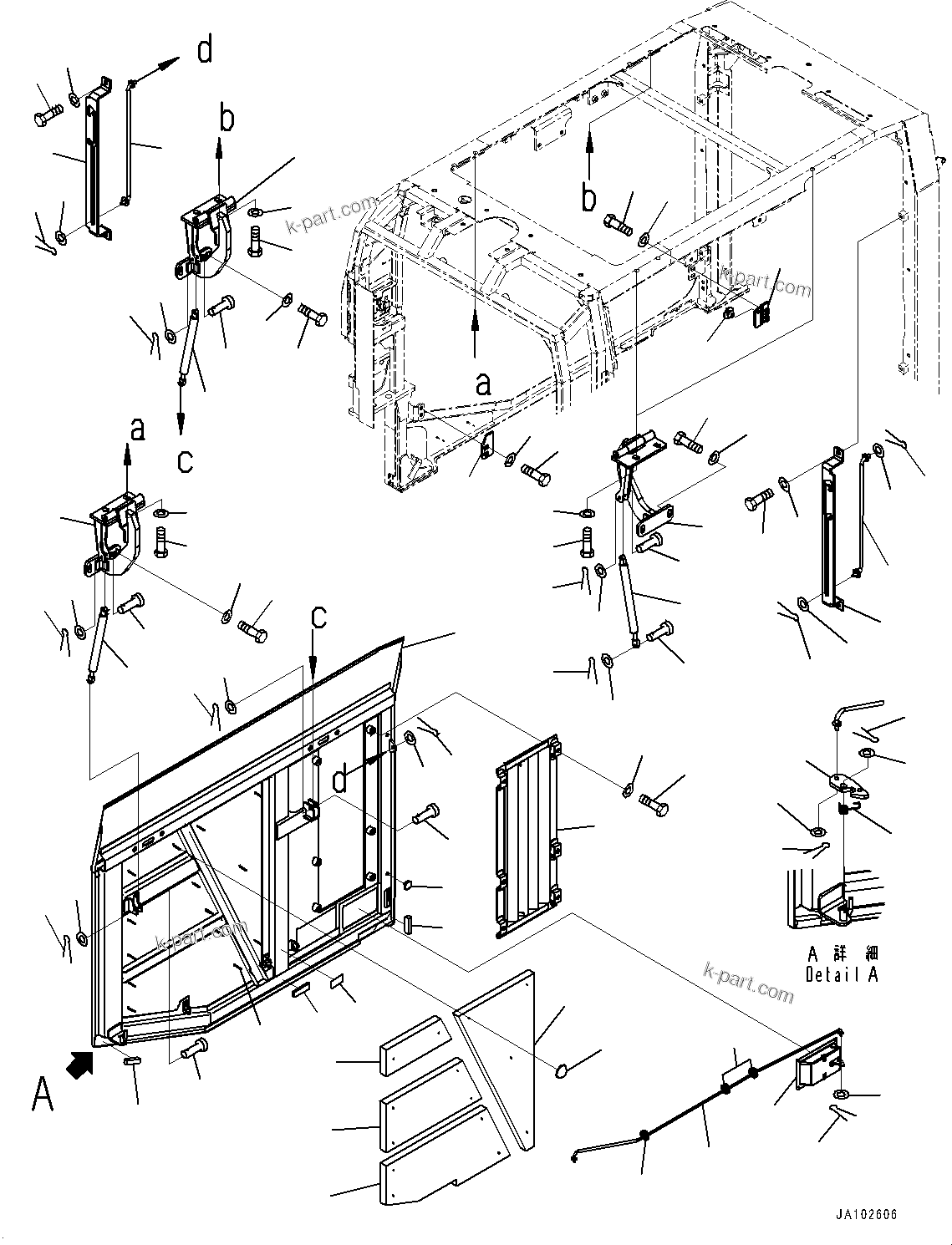 Komatsu parts book diagram for WA200-8 S/N 91001-UP: HOOD, DOOR, R.H. (WITH HOOD SCREEN, REAR FULL-LENGTH FENDER)(#85001-)