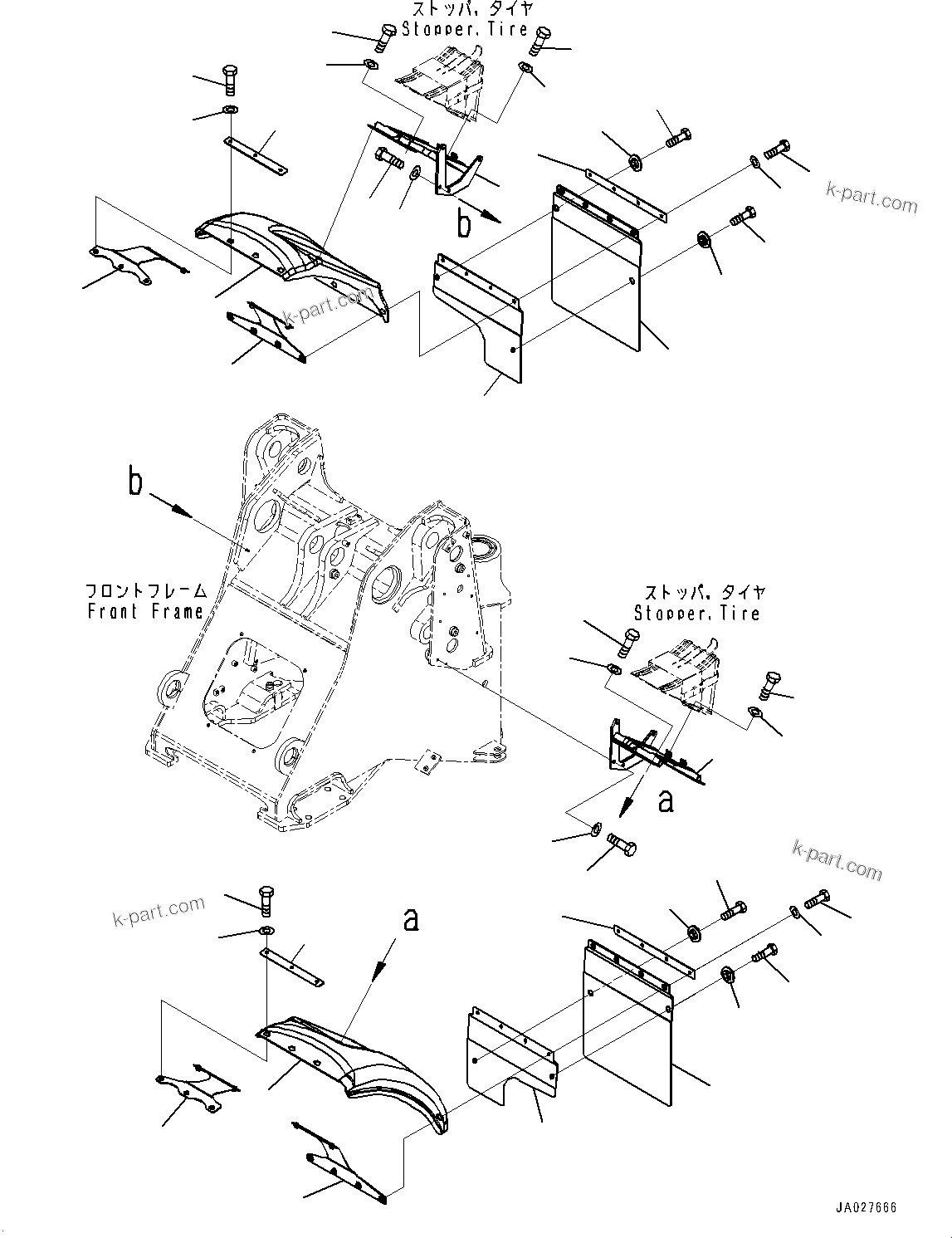 Komatsu parts book diagram for WA200-8 S/N 91001-UP: FRONT FENDER, (WITH TIRE STOPPER)(#85001-)