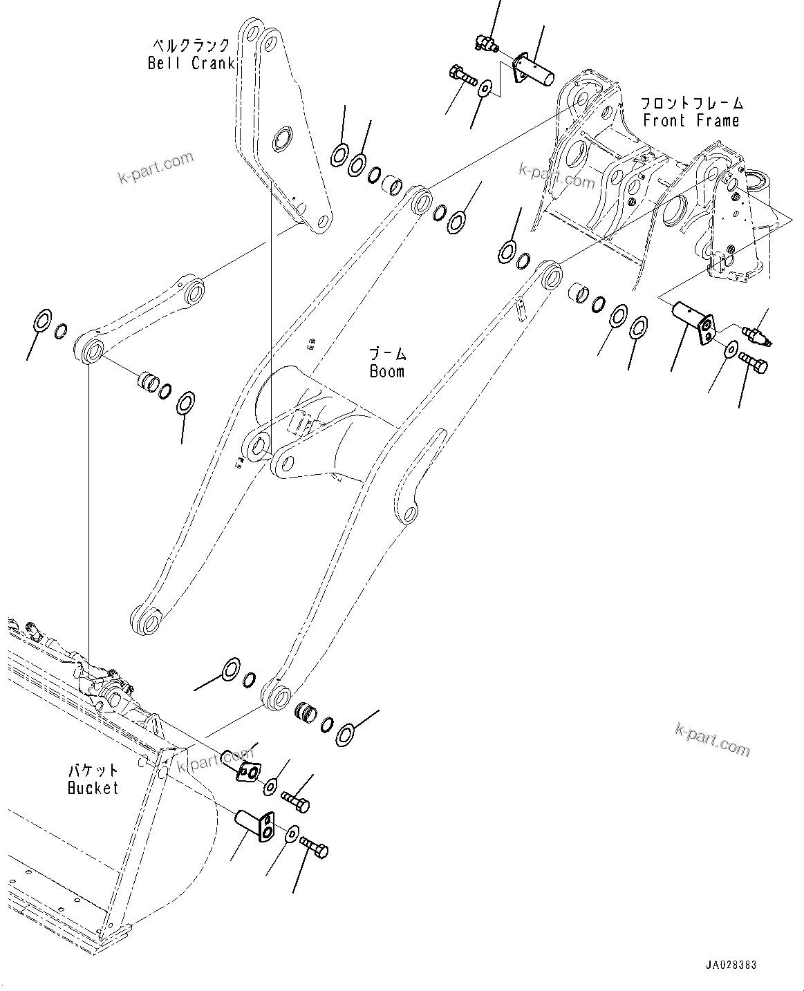 Komatsu parts book diagram for WA200-8 S/N 91001-UP: BOOM AND BELL CRANK, PIN (WITH QUICK COUPLER)(#85001-)