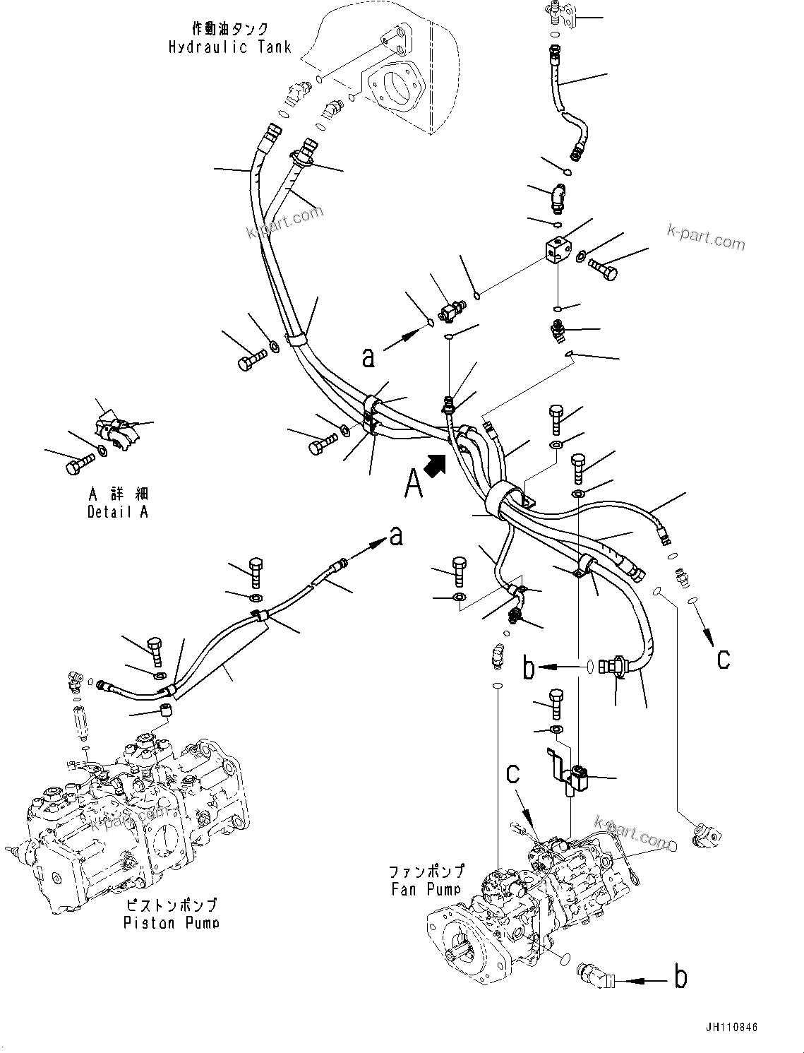 Komatsu parts book diagram for D475A-8E0 S/N 51001-UP: COOLING FAN DRIVE PIPING, FAN PUMP PIPING (1/2)(#50003-)