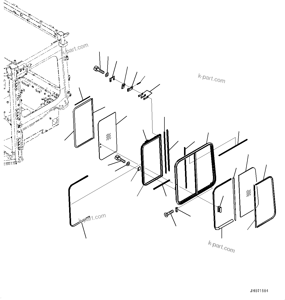 Komatsu parts book diagram for D475A-8E0 S/N 51001-UP: CAB, SASH TYPE GLASS WINDOW, L.H.(#50001-)
