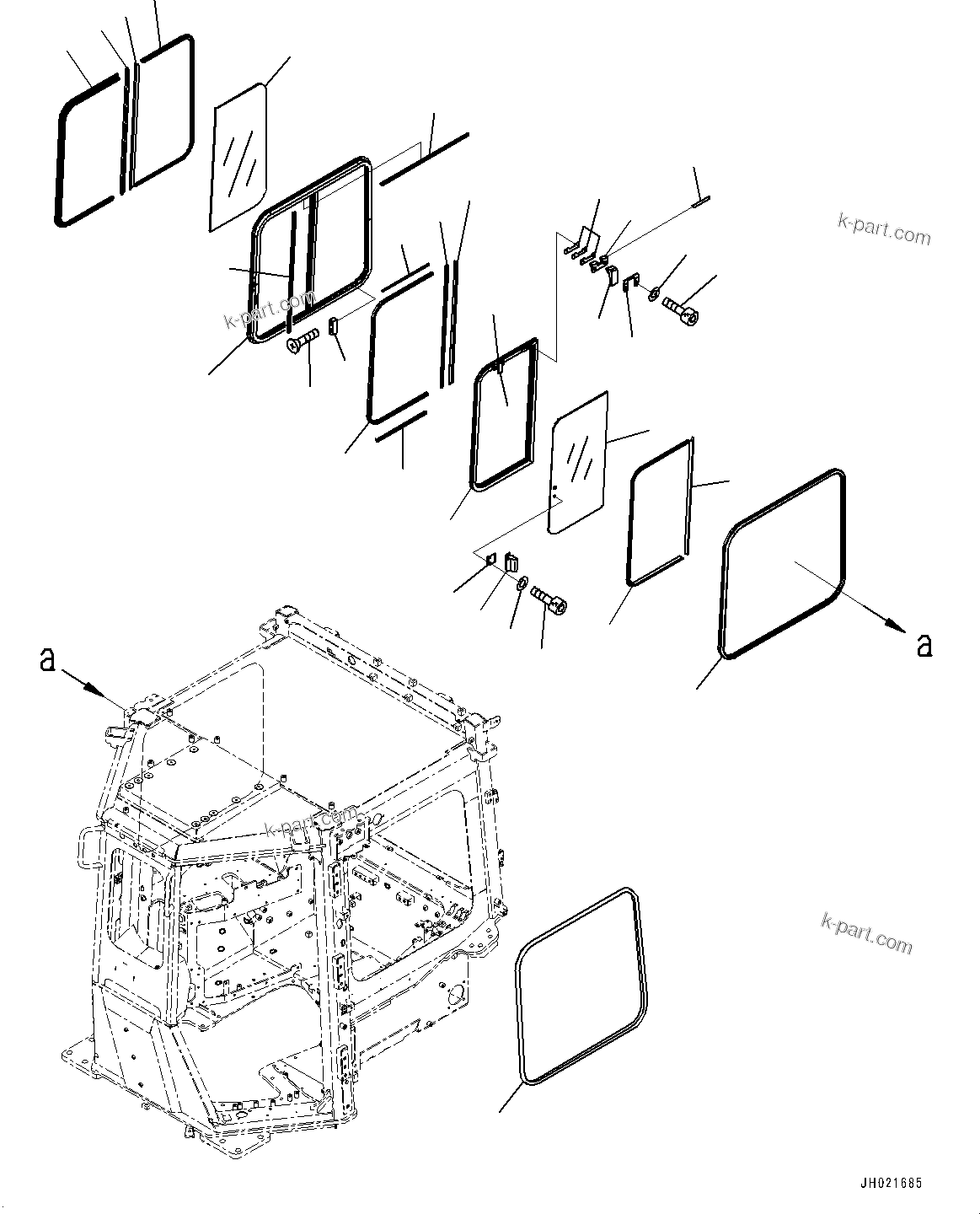 Komatsu parts book diagram for D475A-8E0 S/N 51001-UP: CAB, SASH TYPE GLASS WINDOW, R.H.(#50001-)