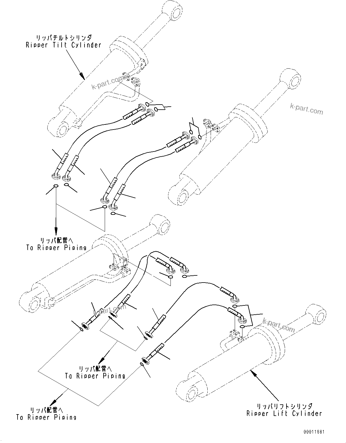 Komatsu parts book diagram for D475A-8E0 S/N 51001-UP: RIPPER CYLINDER PIPING, (#50001-)