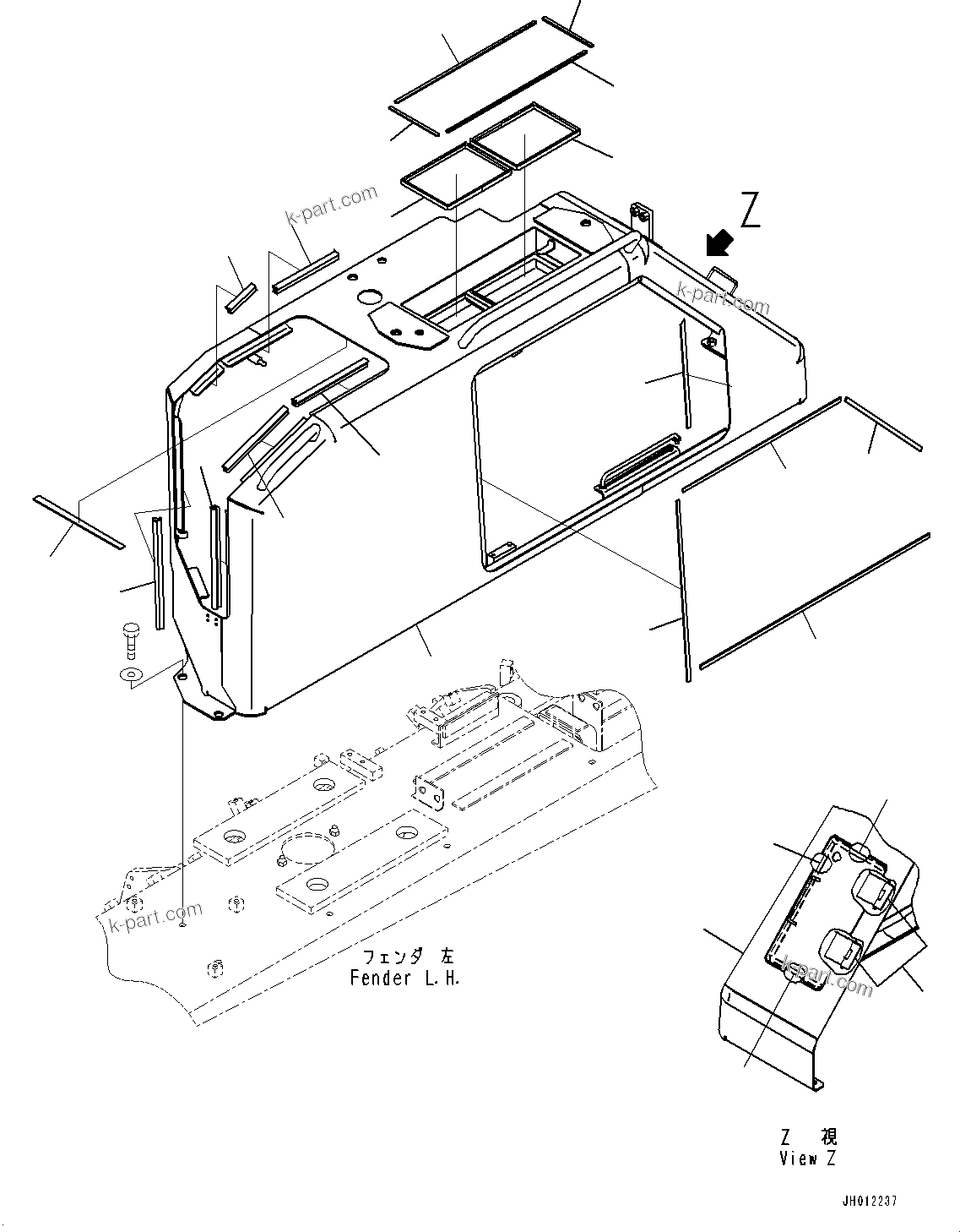 Komatsu parts book diagram for D155AX-8E0 S/N 110001-UP: FENDER RELATED PARTS, COVER, L.H. (1/3)(#100001-)