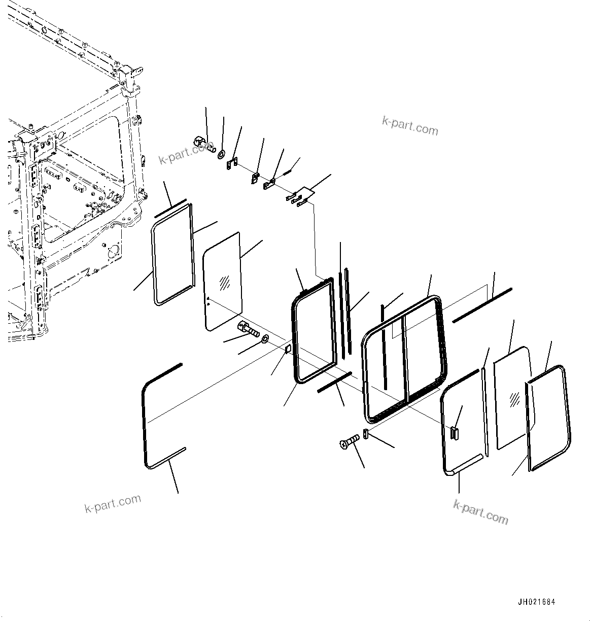 Komatsu parts book diagram for D375AI-8 S/N 81001-UP: CAB, SASH TYPE GLASS WINDOW, L.H.(#81001-)