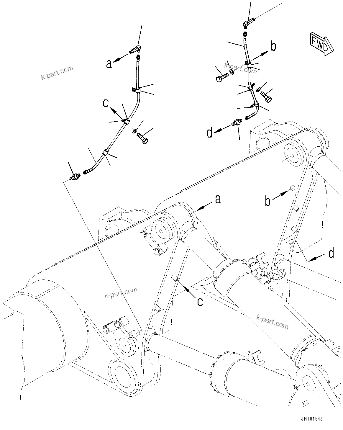 Komatsu parts book diagram for D375AI-8 S/N 81001-UP: RIPPER, REMOTE GREASE PIPING (VARIABLE DIGGING ANGLE MULTI TYPE, LONG PROTECTOR)(#80015-)