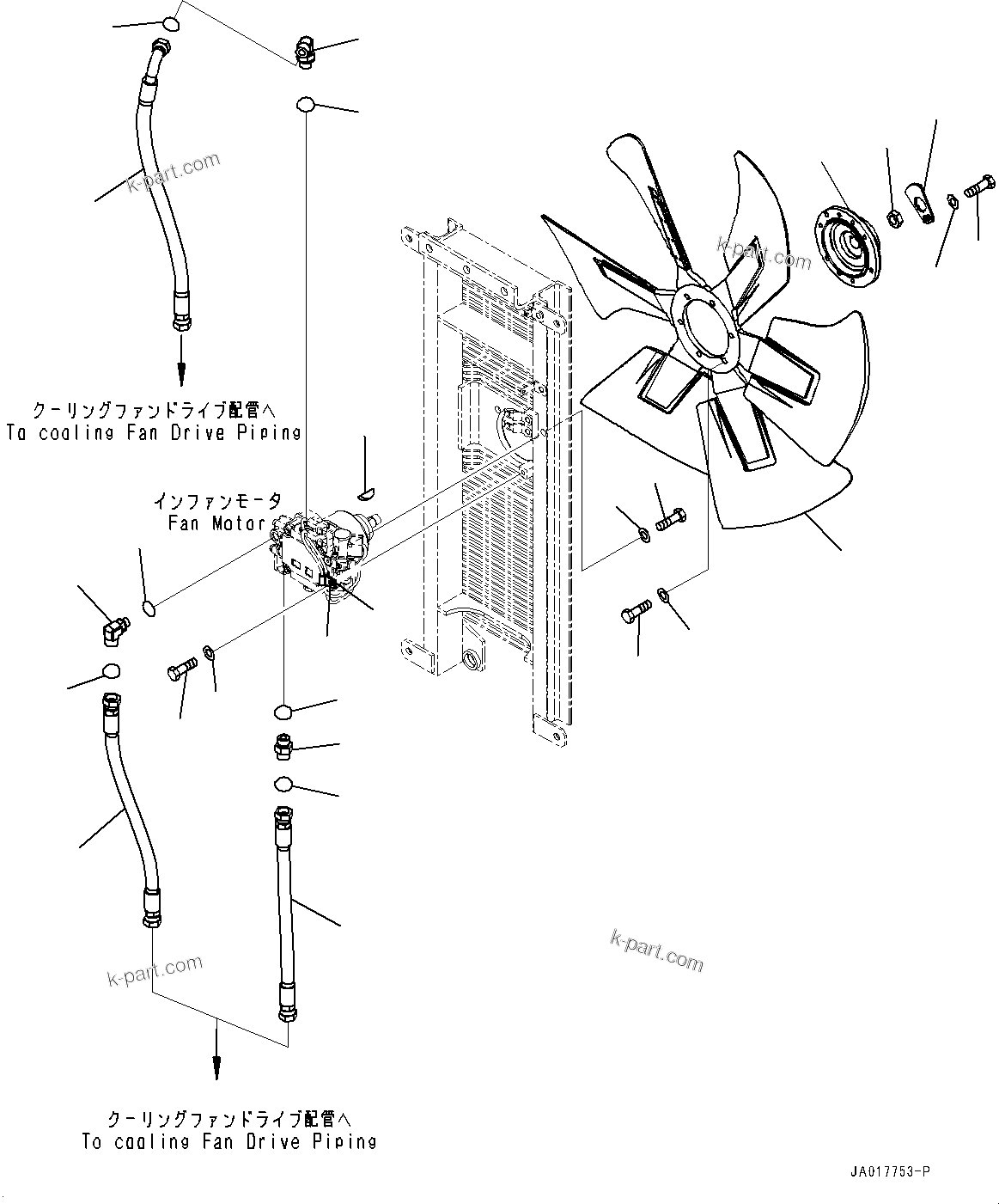 Komatsu parts book diagram for D85PX-18E0 S/N 26001-UP: COOLING FAN, PIPING(#22001-)