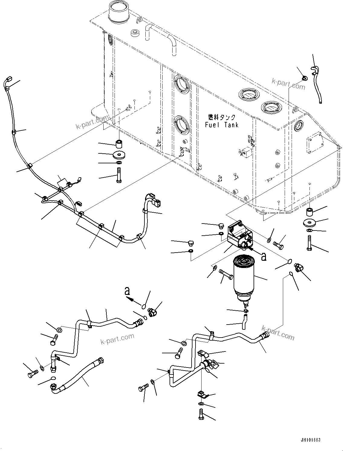 Komatsu parts book diagram for D85PX-18E0 S/N 26001-UP: FUEL TANK, PREFILTER (PROVISION FOR FIXED MULTI-SHANK RIPPER)(#22001-)